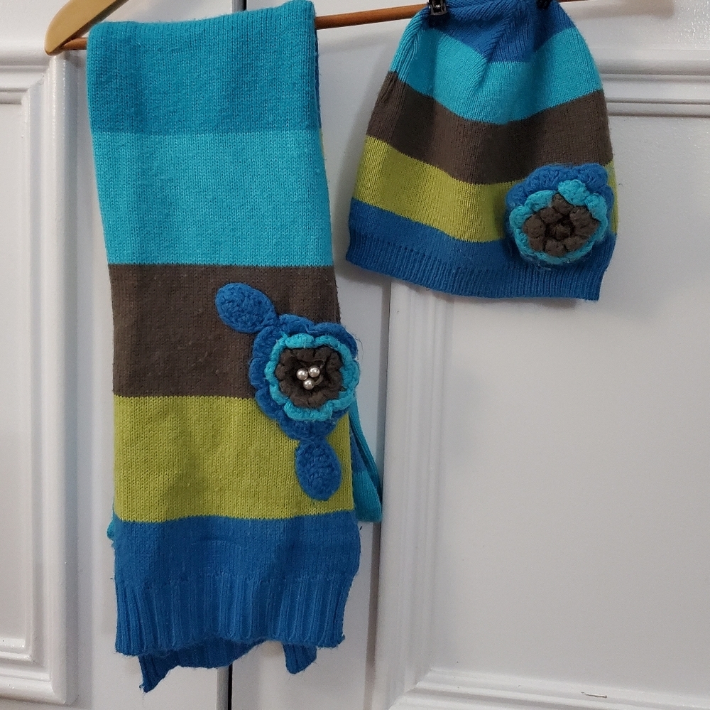 Vintage 90s Jessica Striped Colourful Knit Scarf and Hat for Adult or Youth